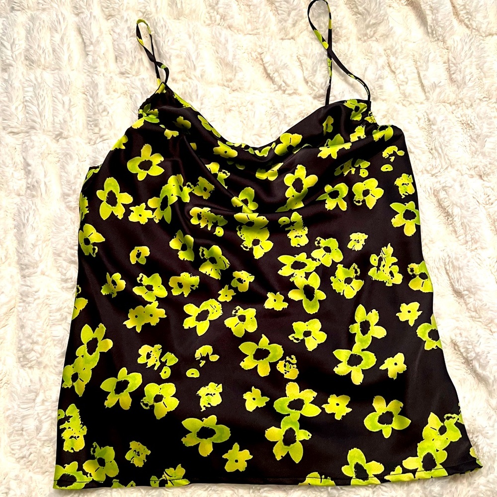 NWOT Silk Black and Green Floral Tank Top